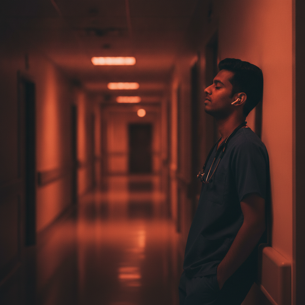A medical intern leaning on a hospital corridor wall at night, one earbud in, eyes closed