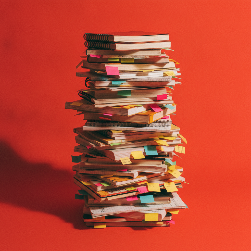 A towering stack of medical coaching notes covered in sticky tabs, on a vivid red background