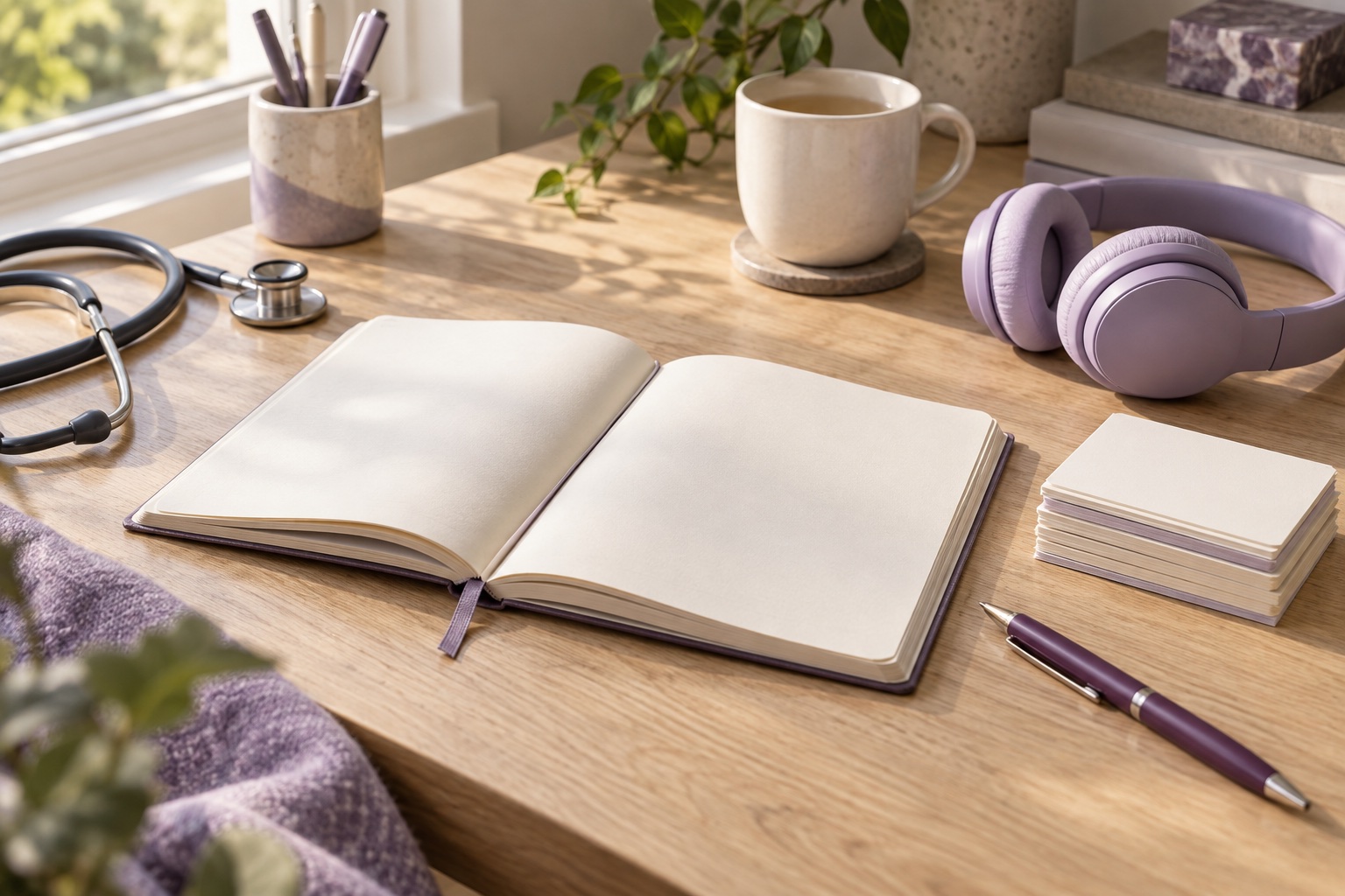 A warm study desk with a notebook, lavender headphones and a stethoscope